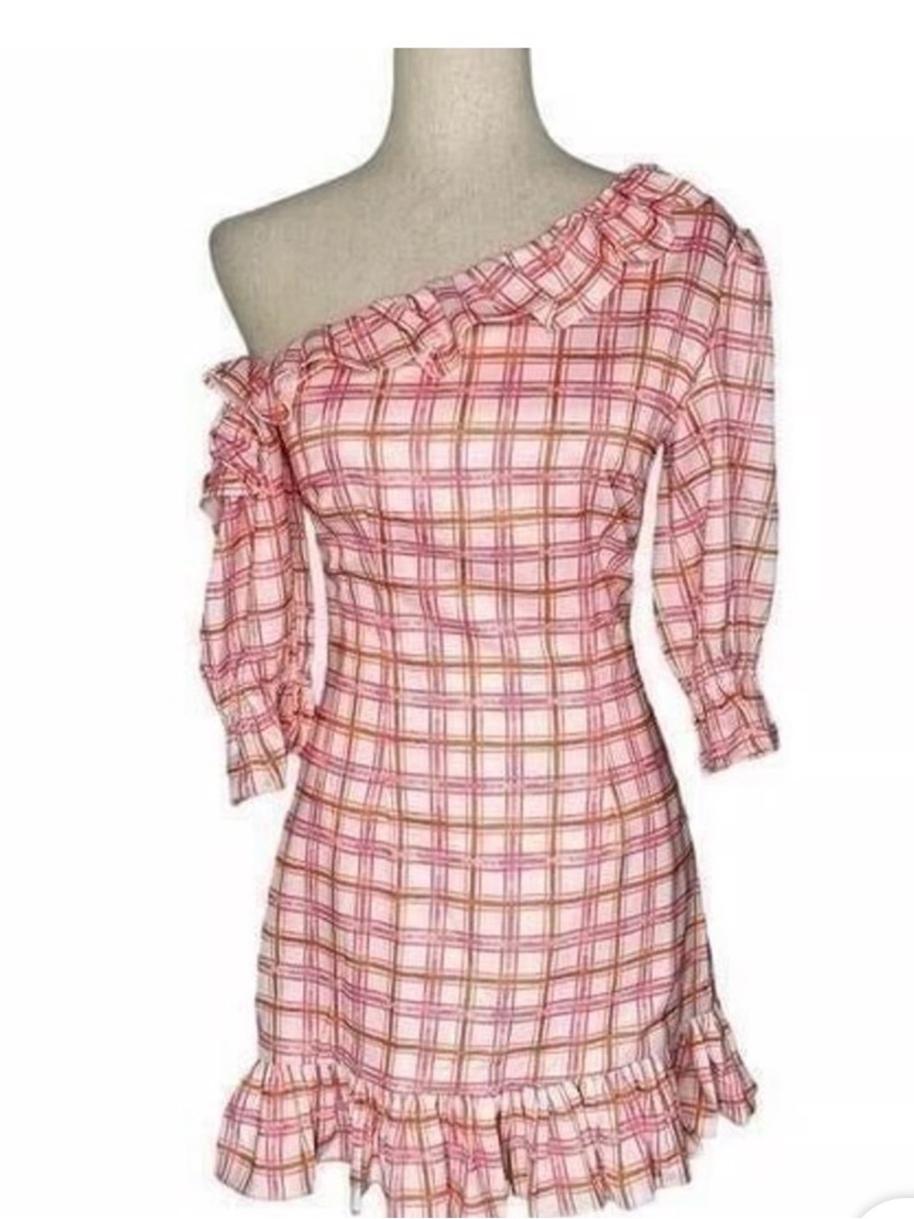 Atoir Pink Plaid One-Shoulder Ruffle Mini Dress
